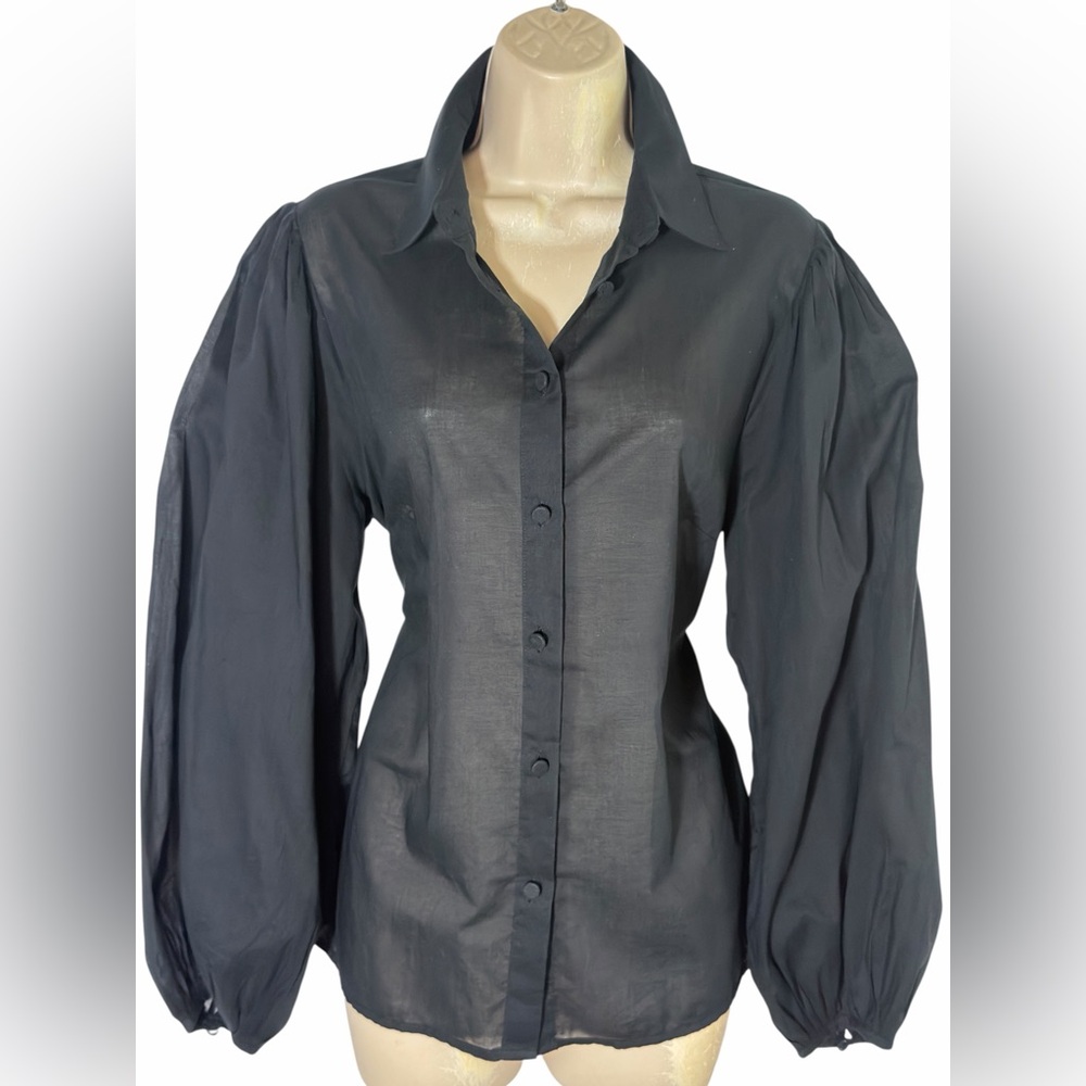 Banana Republic Cotton Voile Black Women's  Shirt Plated Balloon Sleeve L NEW - Picture 12 of 16